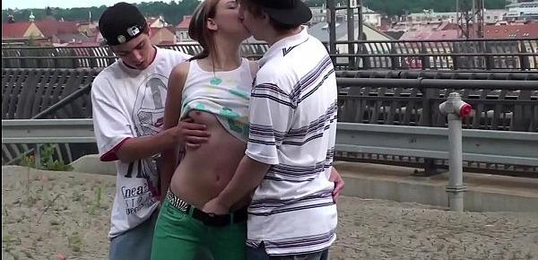 Alexis Crystal facial cum at a PUBLIC train station in threesome with 2 teen guy